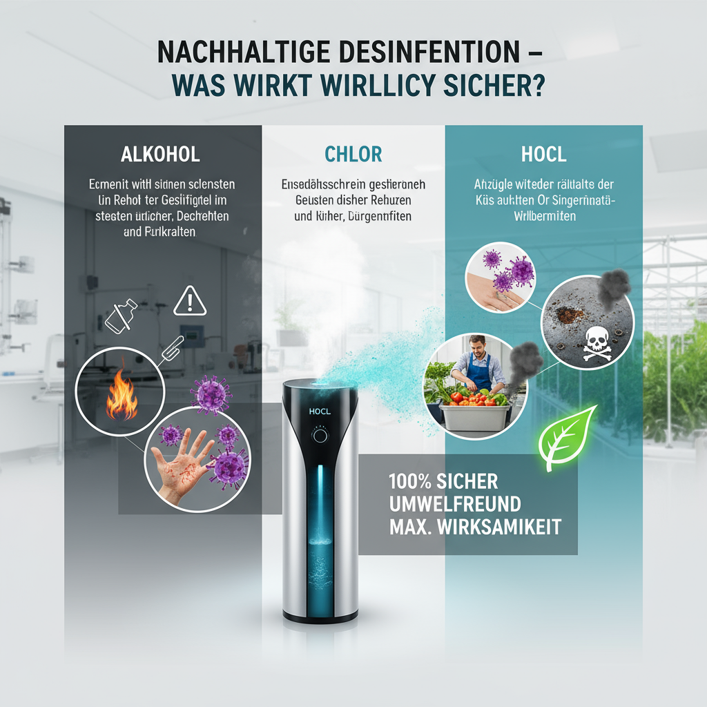 Nachhaltige Desinfektion mit drei Methoden: Alkohol, Chlor und HOCl. Die Grafik veranschaulicht die Sicherheitsaspekte und Umweltfreundlichkeit von HOCl im Vergleich zu anderen Desinfektionsmitteln.