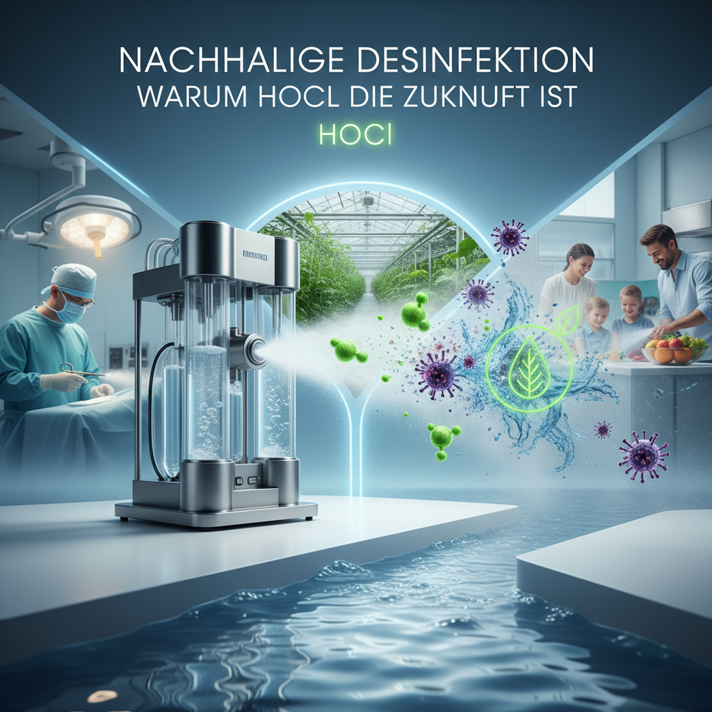 Bild zeigt eine moderne HOCl-Desinfektionsmaschine in einem medizinischen Umfeld mit &Auml;rzten und Patienten. Die Grafik hebt die Vorteile nachhaltiger Desinfektion hervor und zeigt die Reduzierung von Keimen und Viren.