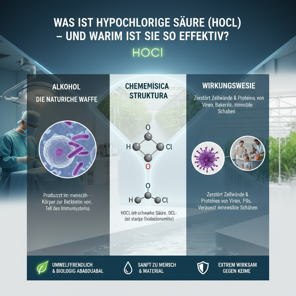 Infografik &uuml;ber hypochlorige S&auml;ure (HClO), die ihre chemische Struktur, Wirkungsweise und Anwendungen in der Desinfektion und Gesundheitsf&ouml;rderung erkl&auml;rt.