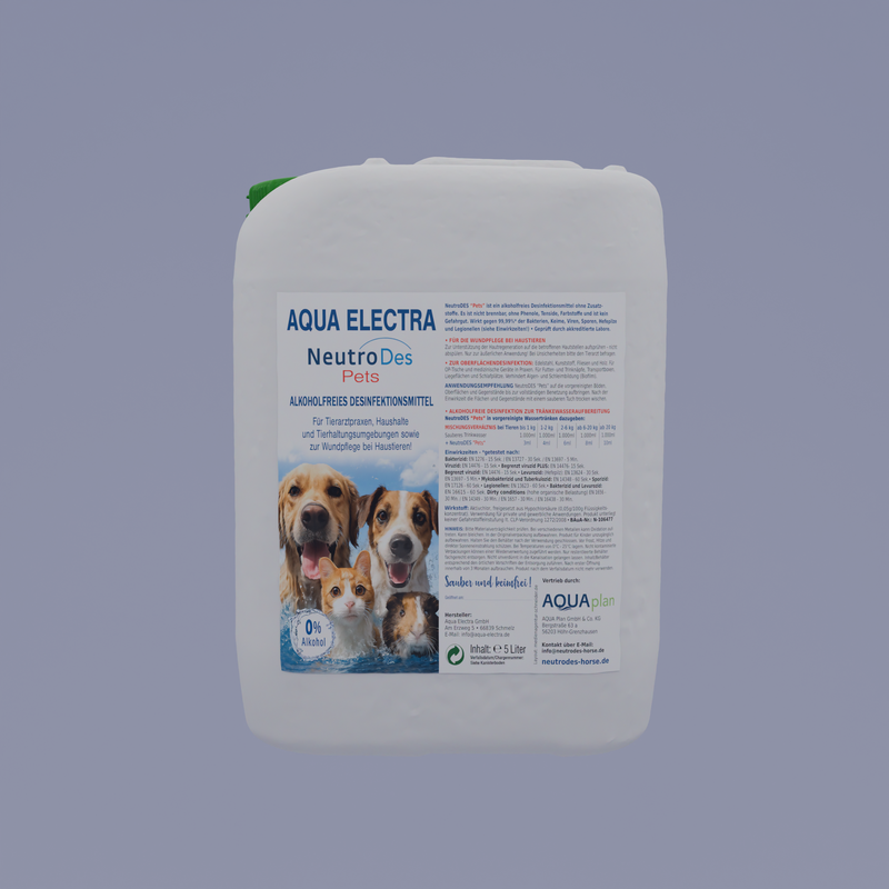 Wei&szlig;er Kanister mit Aqua Electra Neutro f&uuml;r Haustiere, geeignet f&uuml;r Hunde und Katzen, mit detaillierten Anweisungen und Inhaltsstoffen auf dem Etikett.