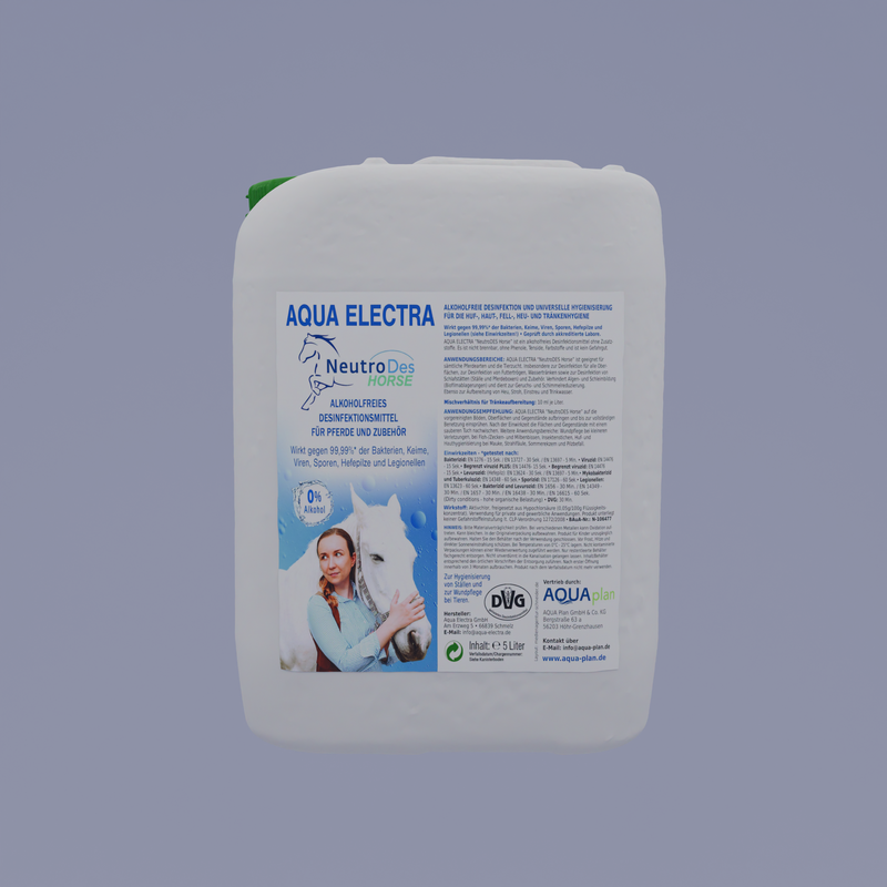 Kanister mit Aqua Ejecta, einem Reinigungsmittel für medizinische Anwendungen. Die Verpackung zeigt eine detaillierte Produktbeschreibung und Anwendungshinweise auf der Vorderseite. Ideal für professionelle Reinigung und Hygiene.