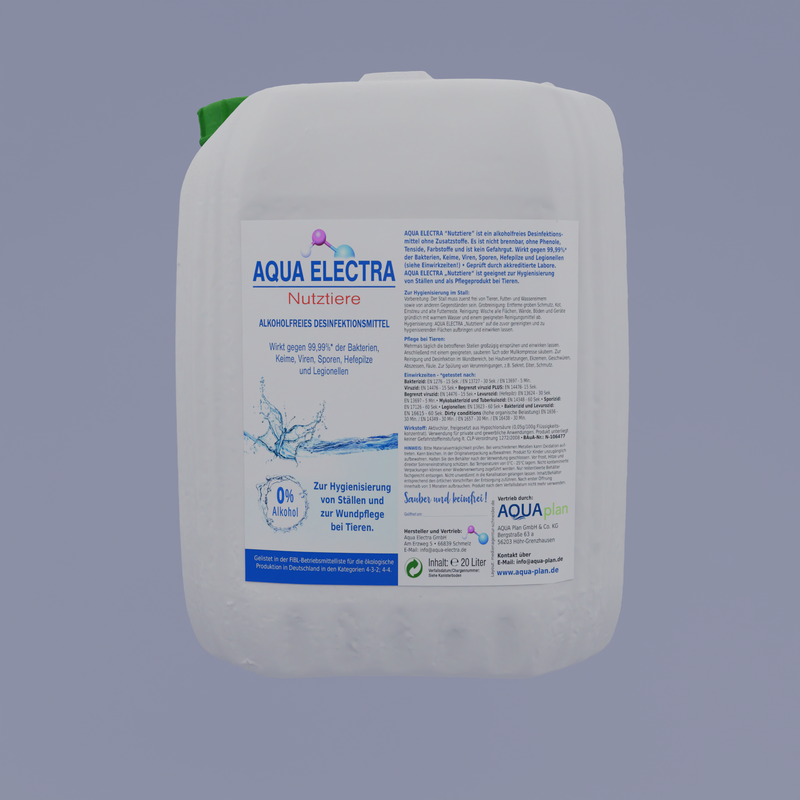 Kunststoffkanister mit Aqua Electra, einem Reinigungsmittel für verschiedene Oberflächen, inklusive Anwendungshinweisen und Inhaltsstoffen auf der Etikette.