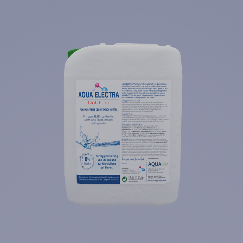 Weißer Kanister mit Aqua Electra Flüssigkeit, geeignet für verschiedene Anwendungen, mit detaillierten Produktinformationen auf dem Etikett.