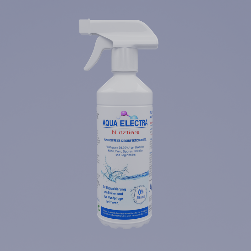 Flasche mit Aqua Electra Desinfektionsmittel, 500 ml, mit Sprühkopf für einfache Anwendung und effektive Hygiene.
