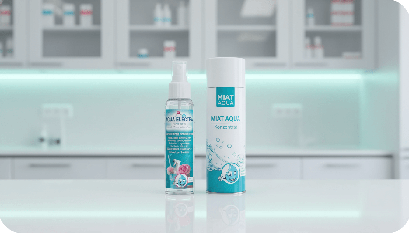 Zwei Hautpflegeprodukte auf einem Tisch in einem modernen Labor: links ein Spray mit feuchtigkeitsspendenden Inhaltsstoffen und rechts eine Flasche mit der Aufschrift "Moist Aqua".