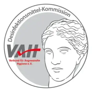 Logo der Desinfektionsmittel-Kommission (VAH) mit dem Slogan "Bewährt für angewandte Hygiene e. V." und einer stilisierten Darstellung einer antiken Figur.