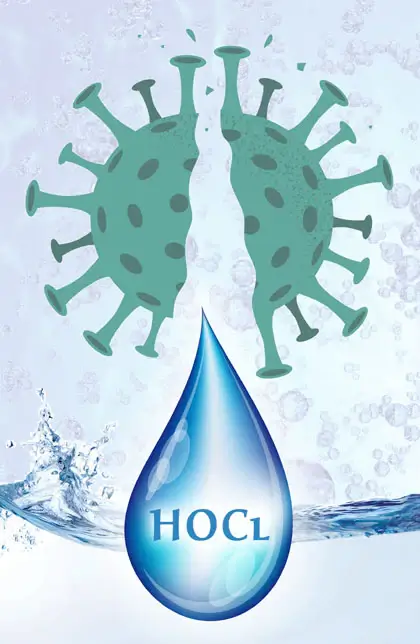 Illustration von Viren, die sich gegenüberstehen, mit einem Wassertropfen, der die chemische Formel HOCl zeigt, symbolisiert die Desinfektionswirkung von hypochloriger Säure gegen Keime und Viren.