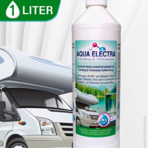 Flasche mit 1 Liter Aqua Electra, einem Reinigungsmittel für Wohnmobile, neben einem Wohnmobil. Ideal zur Pflege und Reinigung von Fahrzeugen.