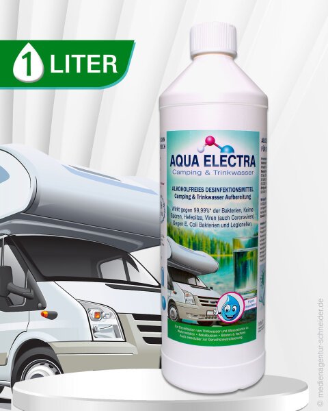 Flasche mit 1 Liter Aqua Electra, einem Reinigungsmittel für Wohnmobile, neben einem Wohnmobil. Ideal zur Pflege und Reinigung von Fahrzeugen.