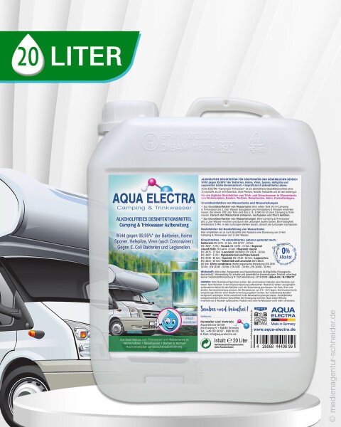 20-Liter-Beh&auml;lter mit Aqua Electra, einem hochwertigen Wasseraufbereiter f&uuml;r Wohnmobile, auf dem Etikett sind Anwendungshinweise und Inhaltsstoffe abgebildet. Ideal f&uuml;r die sichere Wasserversorgung unterwegs.