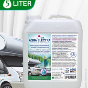5 Liter Kanister Aqua Electra für Wohnmobile, ideal für die Wasseraufbereitung. Enthält wichtige Informationen und Anwendungshinweise auf der Rückseite.
