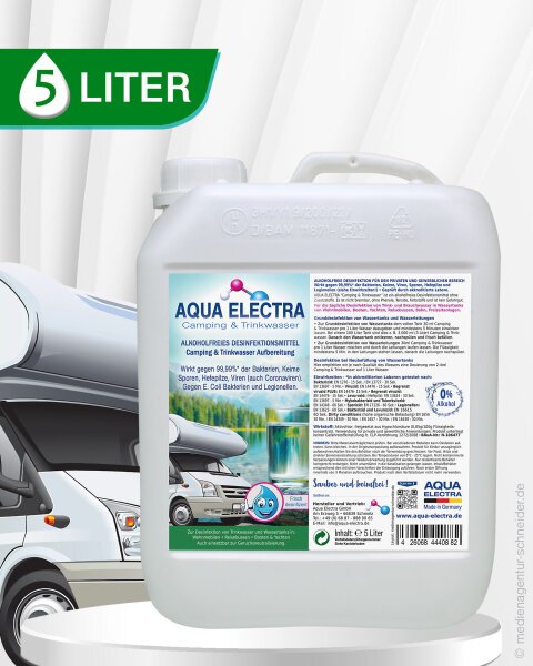 5 Liter Kanister Aqua Electra f&uuml;r Wohnmobile, ideal f&uuml;r die Wasseraufbereitung. Enth&auml;lt wichtige Informationen und Anwendungshinweise auf der R&uuml;ckseite.