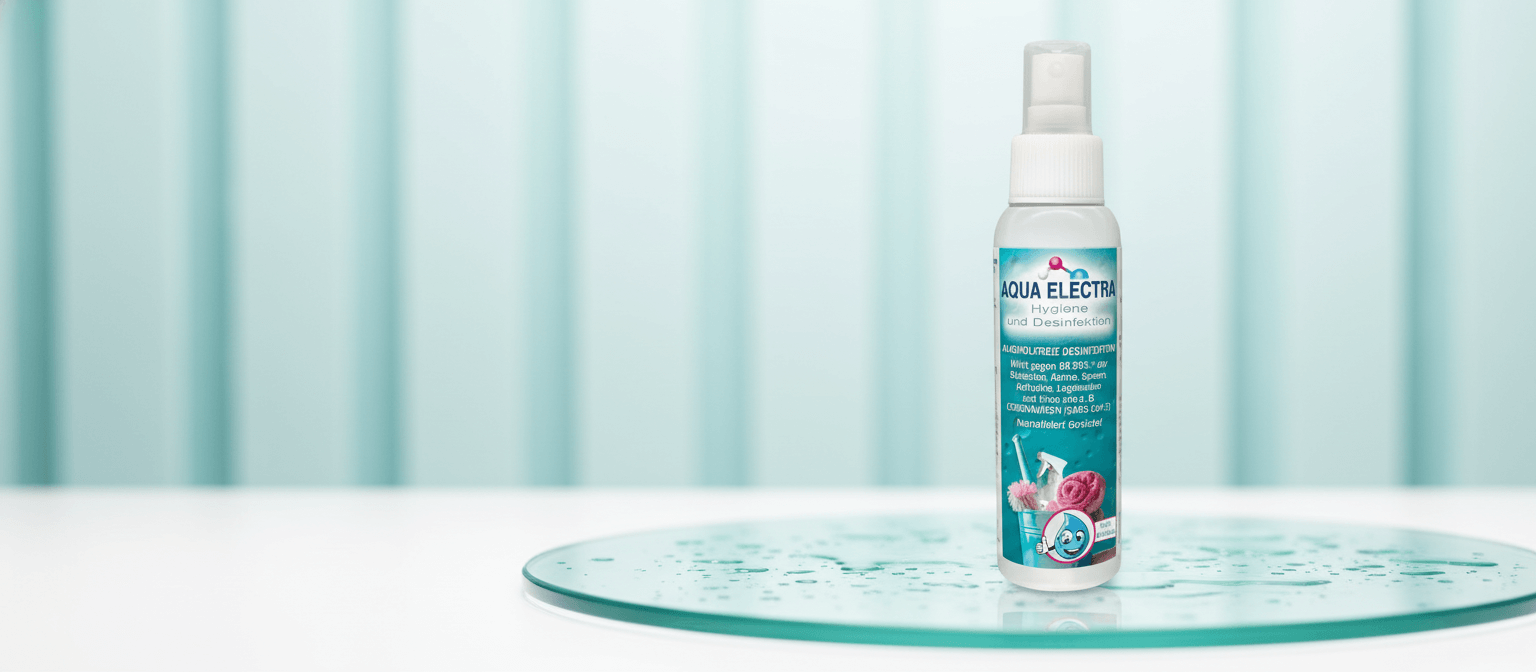 Sprayflasche von Aqua Blech auf einem gläsernen Untergrund, ideal für die Pflege von Haut und Haaren, vor einem hellen, strukturierten Hintergrund.