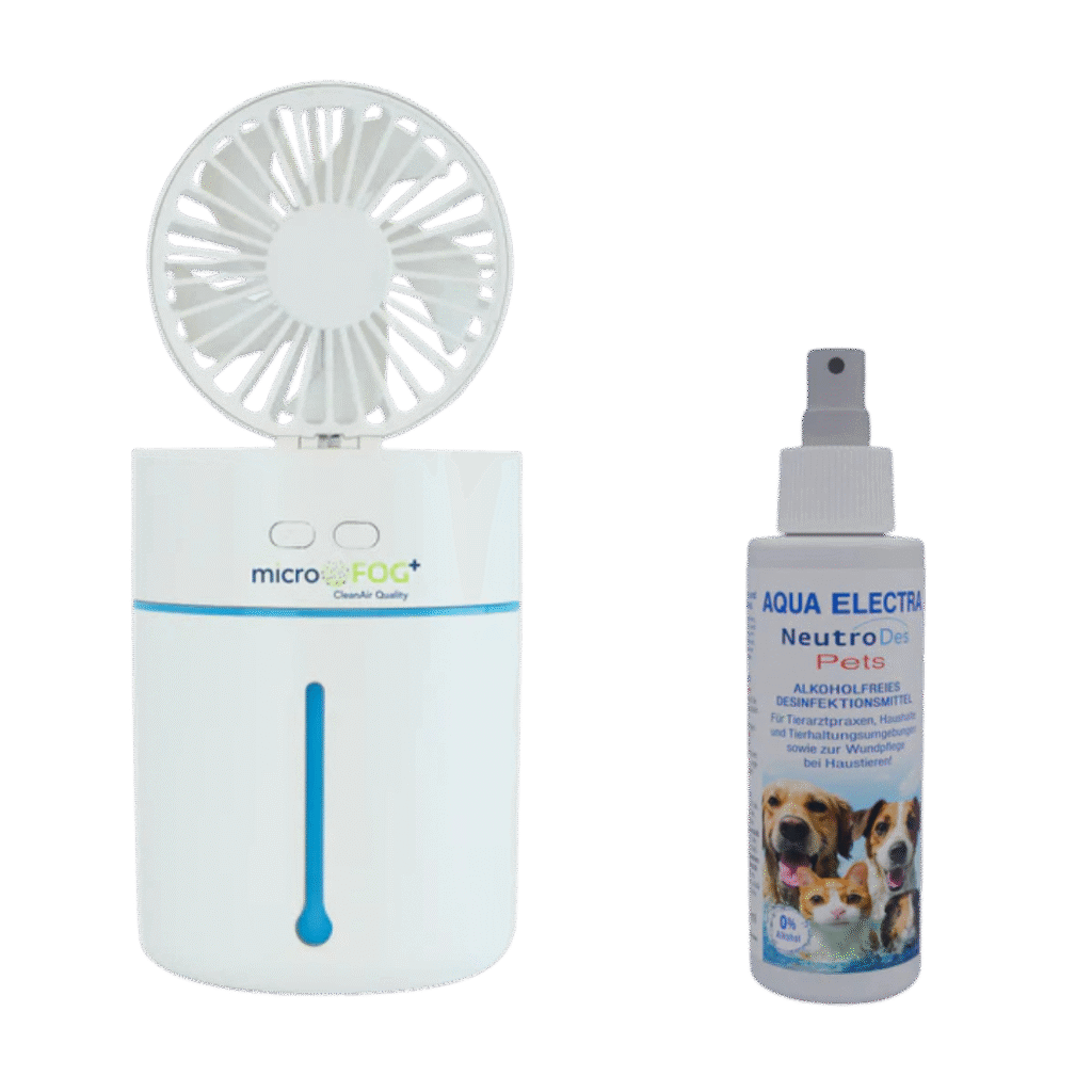 Kompakter Luftbefeuchter mit Ventilator und Sprayflasche für Haustiere, ideal zur Verbesserung der Luftqualität und für das Wohlbefinden von Tieren.