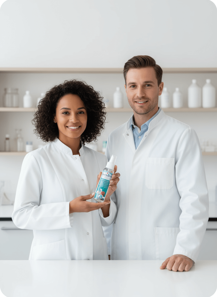 Zwei Fachleute im Labor, die ein Produkt in der Hand halten, stehen vor einem Regal mit verschiedenen Fläschchen. Sie tragen weiße Laborkittel und lächeln, was Vertrauen in die Qualität des Produkts vermittelt.