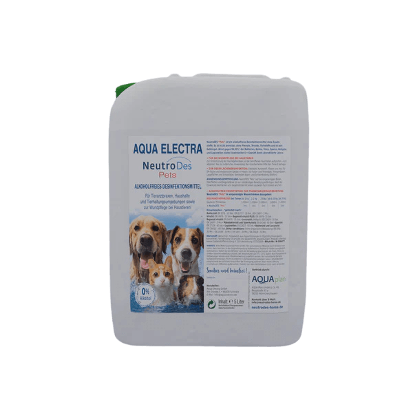Hundehygiene Produkt Aqua Electra für die Gesundheit von Hunden, präsentiert in einem 5-Liter-Gebinde mit Anweisungen und Inhaltsstoffen auf dem Etikett.