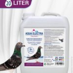 20 Liter Behälter mit AQUA ELECTRA für Taubenpflege, inklusive detaillierter Produktbeschreibung und Anwendungshinweisen.