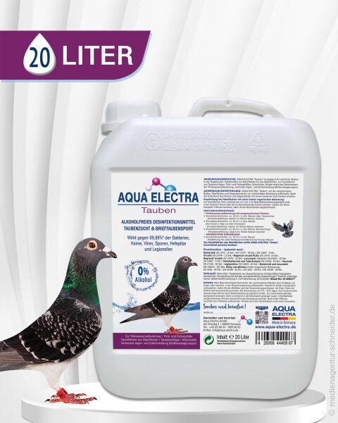 20 Liter Behälter mit AQUA ELECTRA für Taubenpflege, inklusive detaillierter Produktbeschreibung und Anwendungshinweisen.