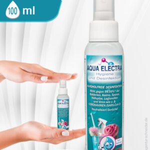 Aqua Electra Spray für Haare, in einer Hand gehalten, mit einer Größe von 160 ml. Ideal zur Haarpflege und Feuchtigkeitsversorgung.
