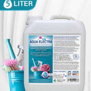 5-Liter-Kanister mit Aqua Electra, einem effektiven Reinigungsmittel für verschiedene Oberflächen, umgeben von Reinigungsutensilien wie Schwämmen und Sprühflaschen.