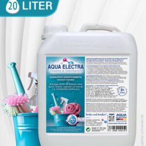 20-Liter-Eimer mit Aqua Electra, einem vielseitigen Reinigungsmittel, das für verschiedene Oberflächen geeignet ist. Verpackt in einem weißen Kanister mit Anwendungsanweisungen auf der Rückseite.