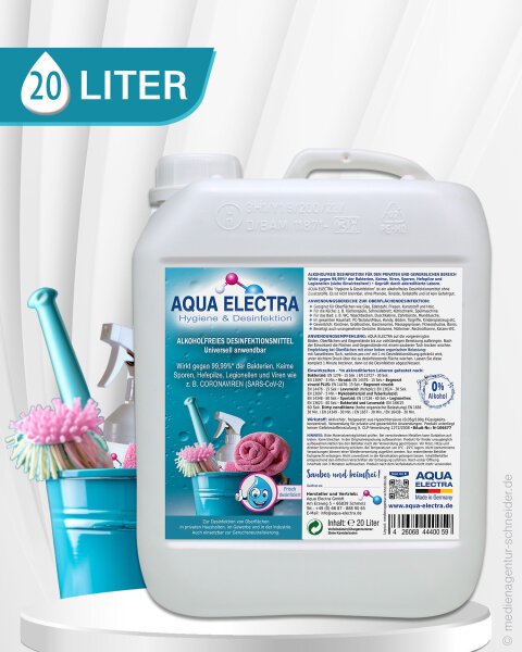 20-Liter-Eimer mit Aqua Electra, einem vielseitigen Reinigungsmittel, das f&uuml;r verschiedene Oberfl&auml;chen geeignet ist. Verpackt in einem wei&szlig;en Kanister mit Anwendungsanweisungen auf der R&uuml;ckseite.