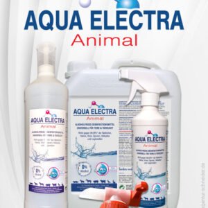 Produktbild von Aqua Electra Animal, das verschiedene Flaschen und einen Kanister mit Reinigungs- und Pflegemitteln für Tiere zeigt. Ideal für die Tierpflege und -hygiene.