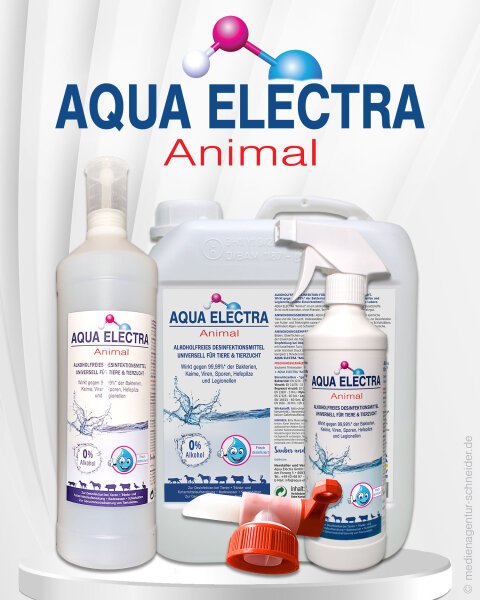 Produktbild von Aqua Electra Animal, das verschiedene Flaschen und einen Kanister mit Reinigungs- und Pflegemitteln für Tiere zeigt. Ideal für die Tierpflege und -hygiene.