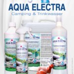 Produkte von Aqua Electra für Camping und Trinkwasseraufbereitung, einschließlich Flaschen und Sprühbehälter, mit detaillierten Anweisungen und Anwendungshinweisen.