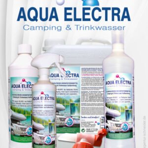 Produkte von Aqua Electra für Camping und Trinkwasseraufbereitung, einschließlich Flaschen und Sprühbehälter, mit detaillierten Anweisungen und Anwendungshinweisen.