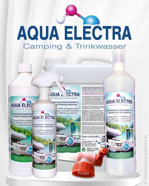 Produkte von Aqua Electra für Camping und Trinkwasseraufbereitung, einschließlich Flaschen und Sprühbehälter, mit detaillierten Anweisungen und Anwendungshinweisen.