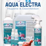 Produktbild von AQUA ELECTRA, einer Reihe von Hygiene- und Desinfektionsmitteln, einschließlich Sprühflaschen und Kanistern in verschiedenen Größen, die für effektive Reinigung und Desinfektion entwickelt wurden.