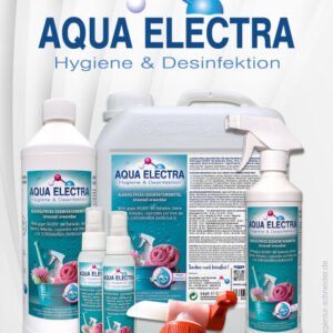 Produktbild von AQUA ELECTRA, einer Reihe von Hygiene- und Desinfektionsmitteln, einschließlich Sprühflaschen und Kanistern in verschiedenen Größen, die für effektive Reinigung und Desinfektion entwickelt wurden.