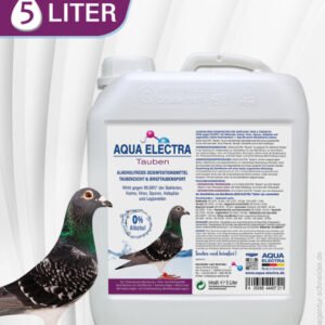 5-Liter-Behälter von Aqua Electra für Taubenpflege mit detaillierten Anwendungsinformationen auf der Rückseite.