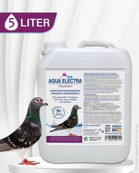 5-Liter-Behälter von Aqua Electra für Taubenpflege mit detaillierten Anwendungsinformationen auf der Rückseite.