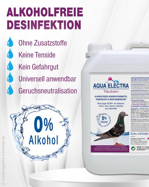 Desinfektionsmittel Aqua Electra in einem 5-Liter-Kanister, ohne Zusatzstoffe, Tenside oder Geruchsstoffe. Universell einsetzbar und 0% Alkohol für effektive Geruchneutralisation.