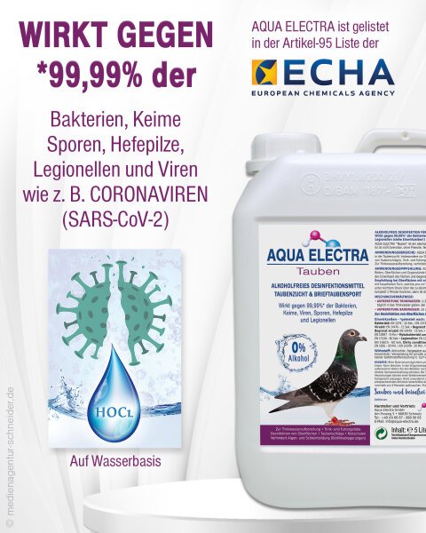 Desinfektionsmittel Aqua Electra zur Bekämpfung von 99,99% der Bakterien, Keime, Sporen, Viren, einschließlich SARS-CoV-2, mit Anwendungsinformationen und Sicherheitsdaten.